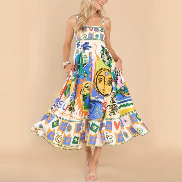 Boho Tropical Summers Full Skirt. Sundress, Mixed Media Luxury Print. Large - Picture 4 of 7